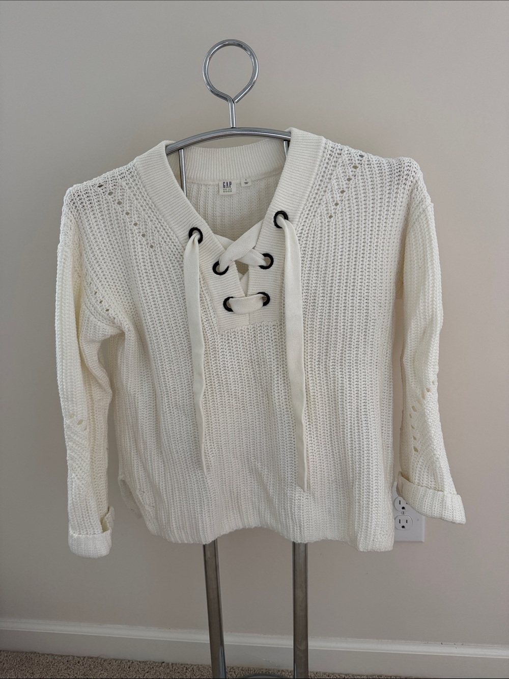 GAP Cream Lace-Up Knit Pullover, size L